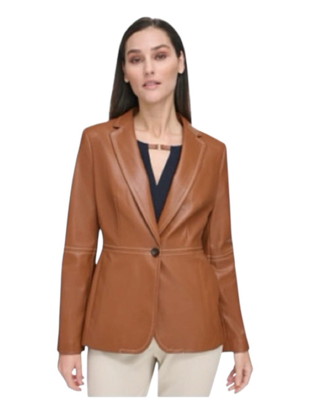 TOMMY HILFIGER Tan One-Button Vegan Leather Blazer, Size 8.